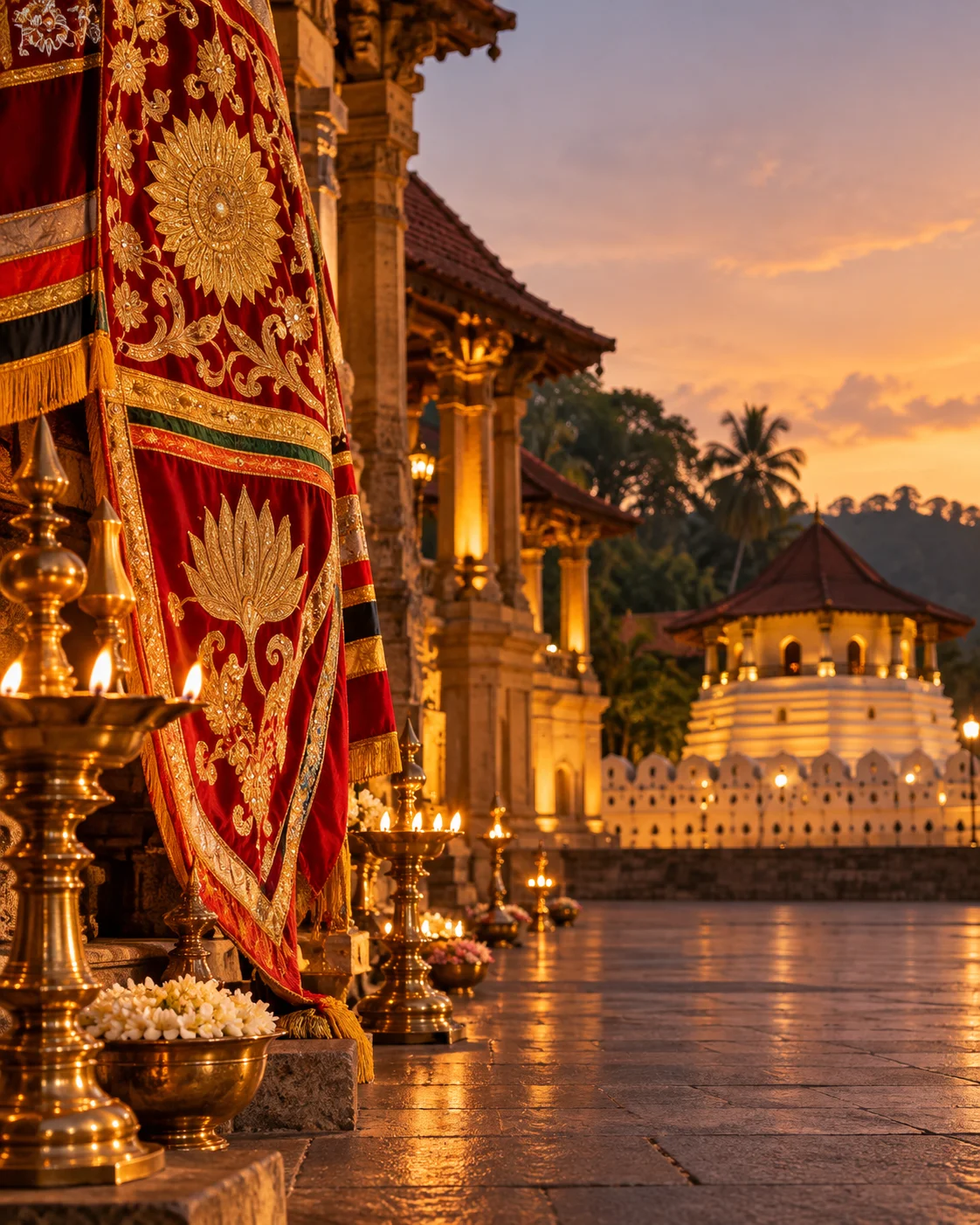 Ceremonial fabrics and brass lamps by historic architecture, illustrative campaign image