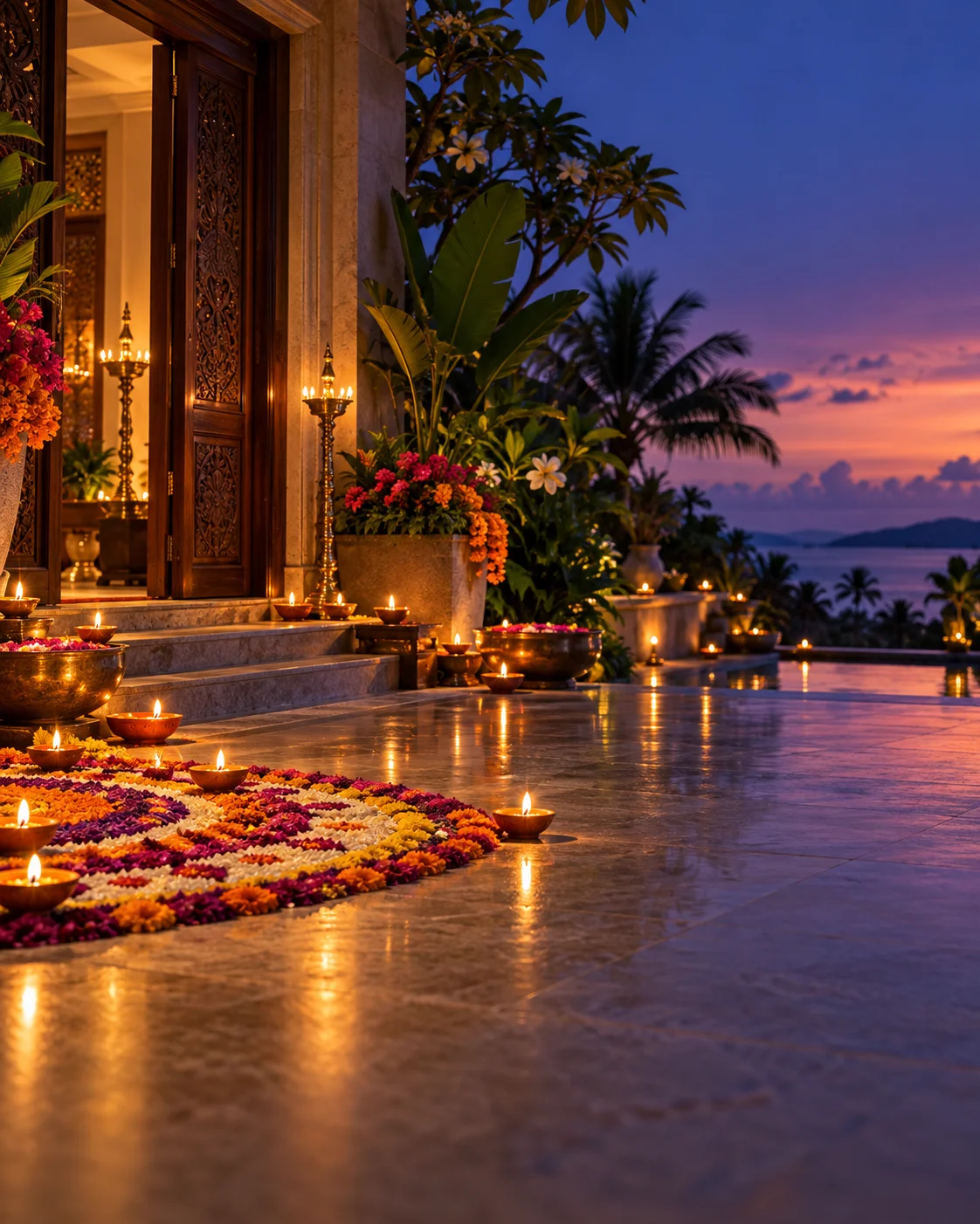 Clay oil lamps and floral rangoli in a tropical courtyard, illustrative campaign image
