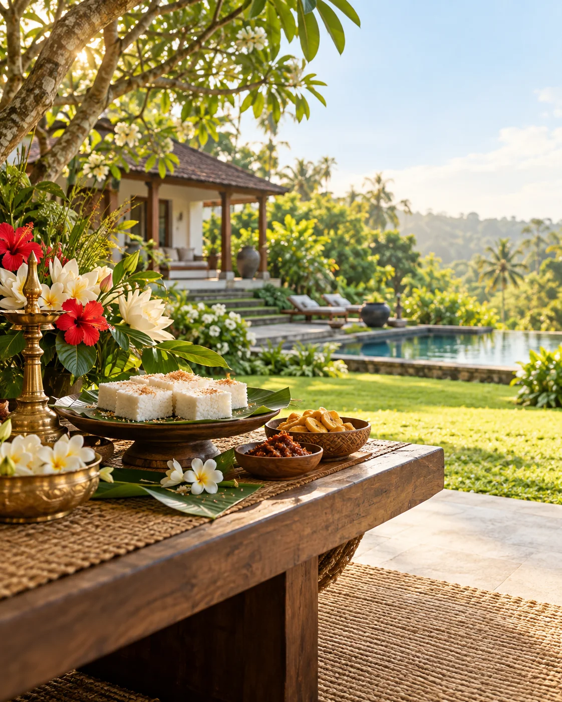 Festive Sri Lankan New Year table in a tropical garden, illustrative campaign image